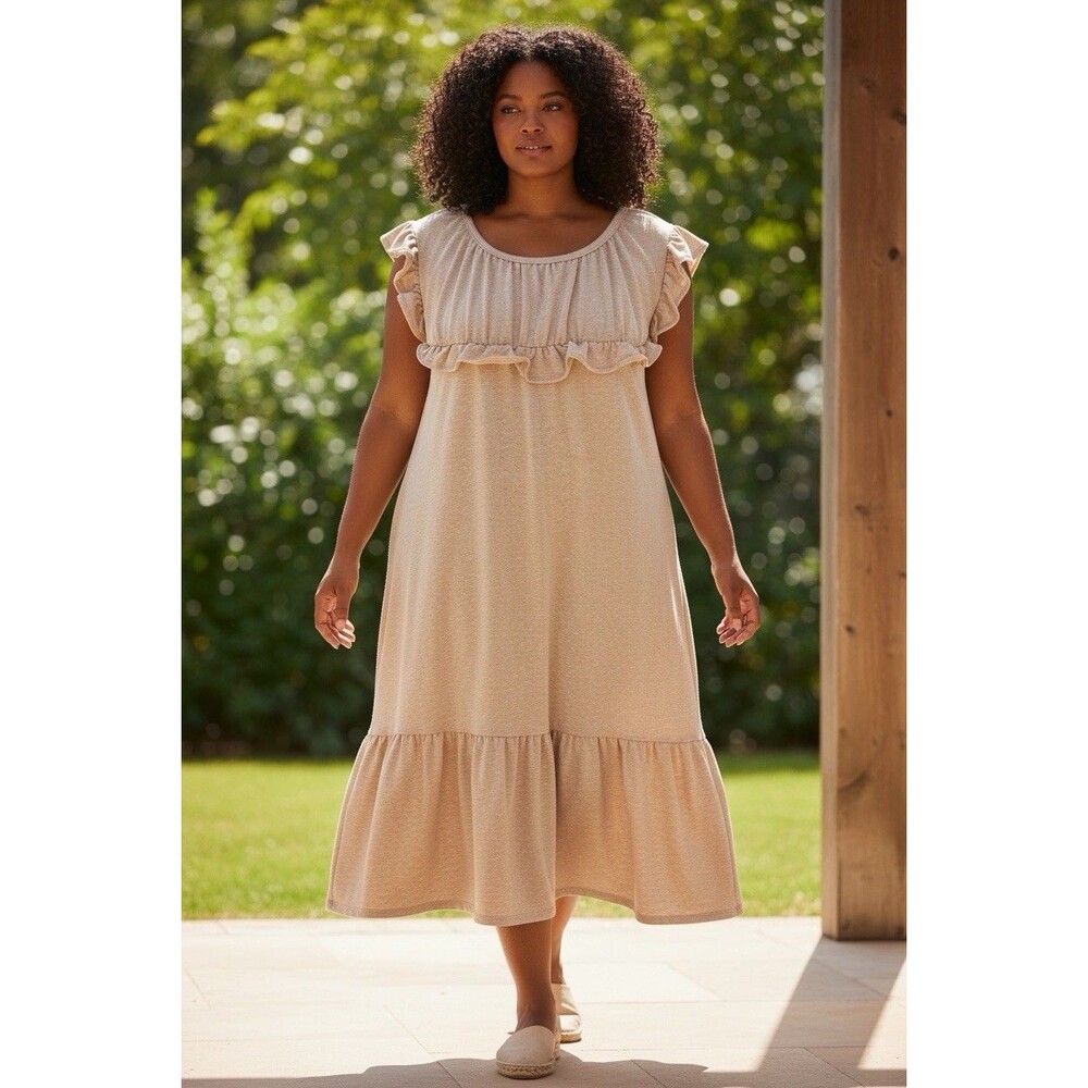 Women’s Lovely J Beige Ruffle Dress Size 2XL‎